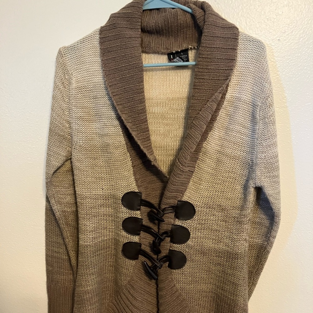 Boy meets girl, large brown shawl, collar, toggle cardigan, chunky knit sweater